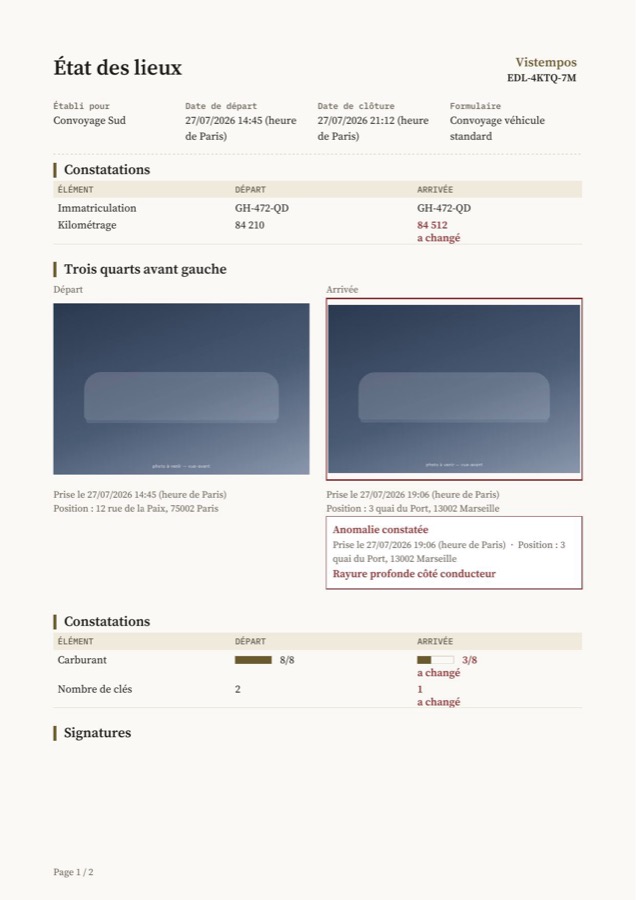 Première page d’un état des lieux : le véhicule, les constatations
                    départ/arrivée, la photo et son anomalie, la jauge de carburant.